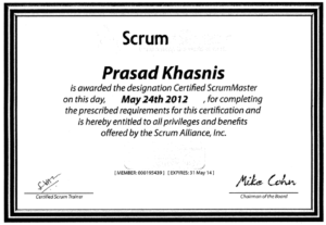 Certified Scrum Master Certificate Scrum Alliance Prasad Khasnis